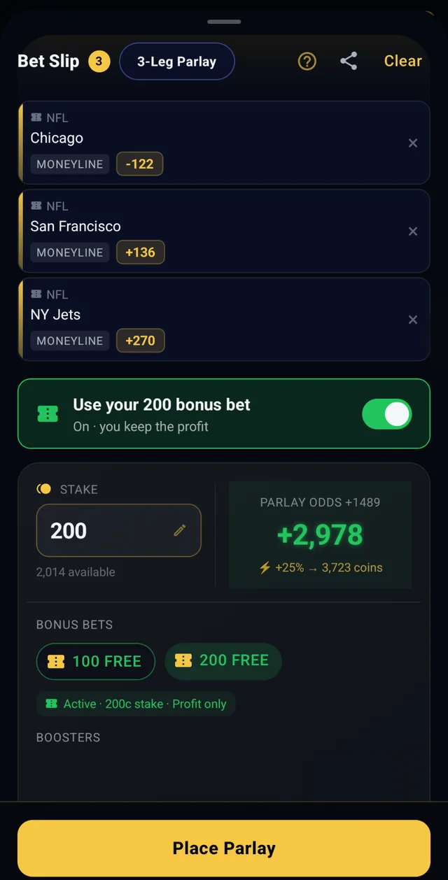 A 3-leg NFL parlay on the bet slip with a 200-coin bonus bet switched on