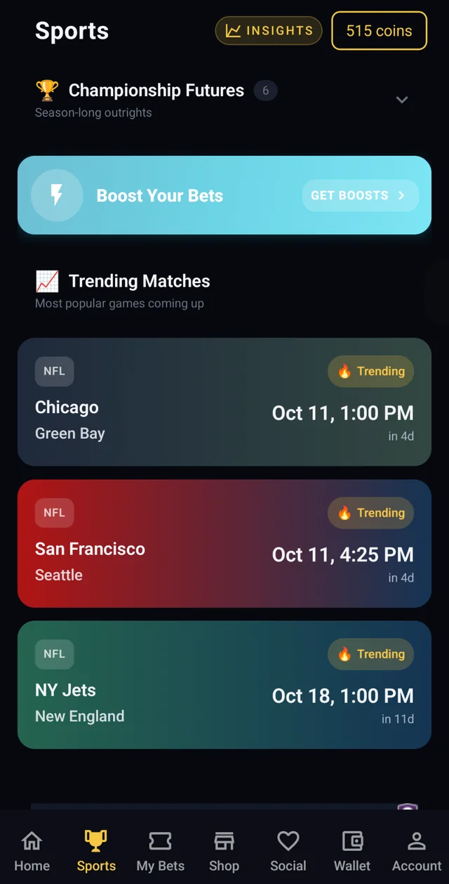 The Sports screen with trending NFL games